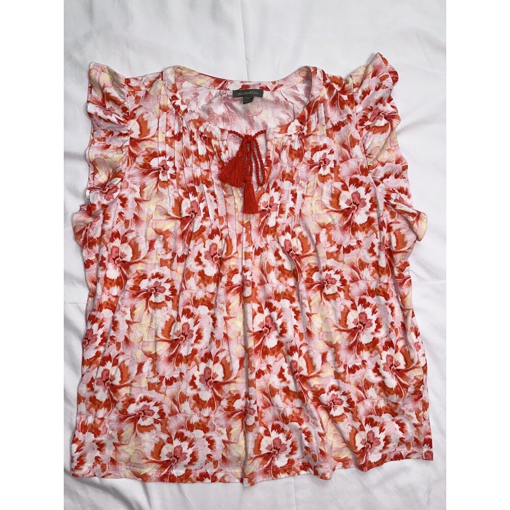 Style&co Flutter & Pintuck Atom Orange Multi Keyhole Tied Top Size XL